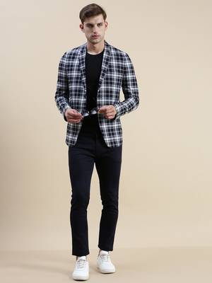 SHOWOFF Men's Notched Lapel Checked Navy Blue Single-Breasted Blazer 5