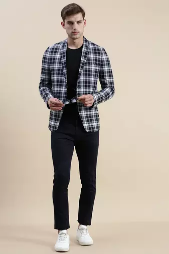SHOWOFF Men's Notched Lapel Checked Navy Blue Single-Breasted Blazer