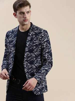 SHOWOFF Men's Notched Lapel Printed Navy Blue Single-Breasted Blazer 1