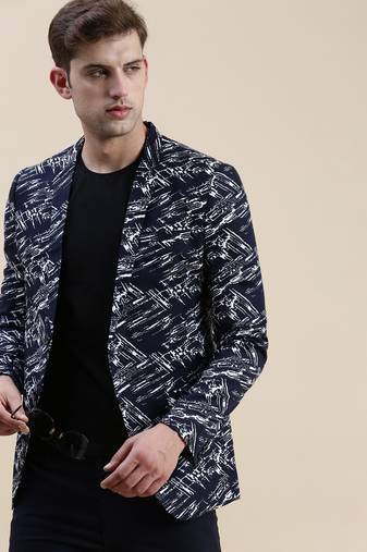 SHOWOFF Men's Notched Lapel Printed Navy Blue Single-Breasted Blazer