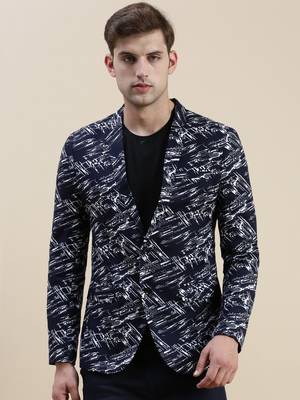 SHOWOFF Men's Notched Lapel Printed Navy Blue Single-Breasted Blazer 2