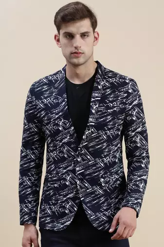 SHOWOFF Men's Notched Lapel Printed Navy Blue Single-Breasted Blazer