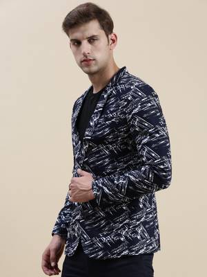 SHOWOFF Men's Notched Lapel Printed Navy Blue Single-Breasted Blazer 3
