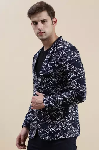 SHOWOFF Men's Notched Lapel Printed Navy Blue Single-Breasted Blazer