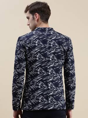 SHOWOFF Men's Notched Lapel Printed Navy Blue Single-Breasted Blazer 4
