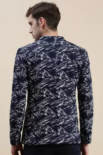 SHOWOFF Men's Notched Lapel Printed Navy Blue Single-Breasted Blazer