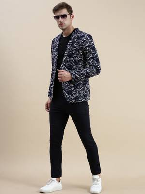 SHOWOFF Men's Notched Lapel Printed Navy Blue Single-Breasted Blazer 5