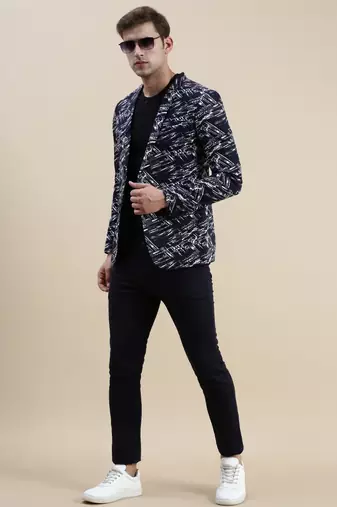 SHOWOFF Men's Notched Lapel Printed Navy Blue Single-Breasted Blazer