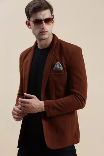 SHOWOFF Men's Solid Notched Lapel Coffee Brown Open Front Blazer