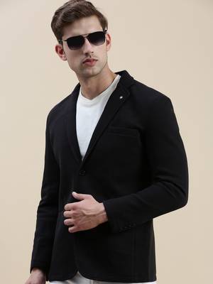 Men's Solid Notched Lapel Black Open Front Blazer 1