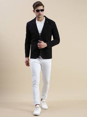 Men's Solid Notched Lapel Black Open Front Blazer 5