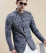 SHOWOFF Men's Printed Mandarin Collar Grey Bandhgala Blazer