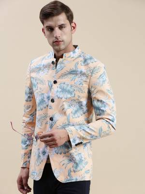 SHOWOFF Men's Printed Mandarin Collar Coral Bandhgala Blazer 1