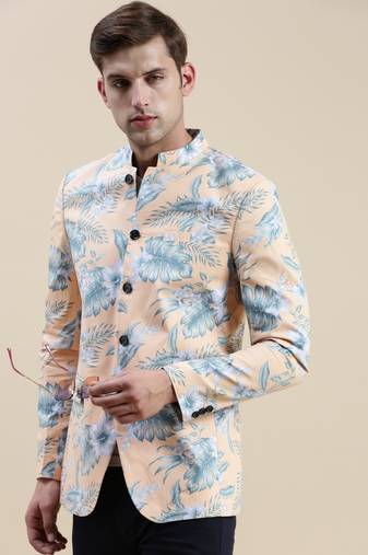 SHOWOFF Men's Printed Mandarin Collar Coral Bandhgala Blazer