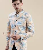 SHOWOFF Men's Printed Mandarin Collar Coral Bandhgala Blazer