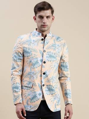 SHOWOFF Men's Printed Mandarin Collar Coral Bandhgala Blazer 2