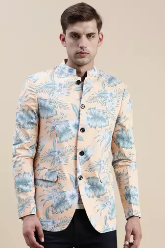 SHOWOFF Men's Printed Mandarin Collar Coral Bandhgala Blazer