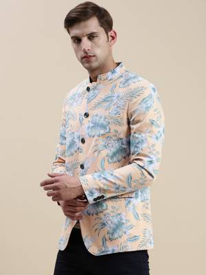 SHOWOFF Men's Printed Mandarin Collar Coral Bandhgala Blazer 3