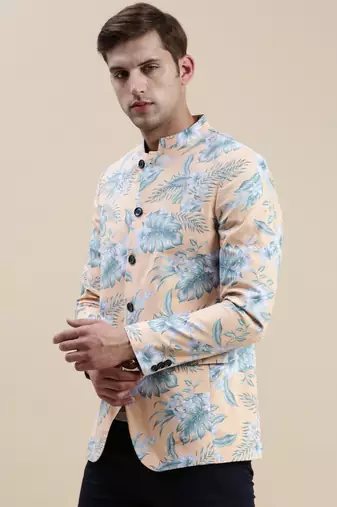 SHOWOFF Men's Printed Mandarin Collar Coral Bandhgala Blazer