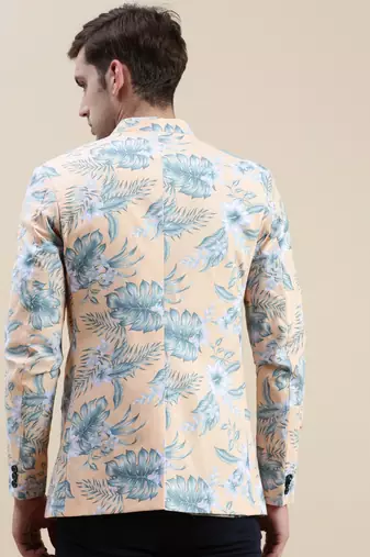 SHOWOFF Men's Printed Mandarin Collar Coral Bandhgala Blazer