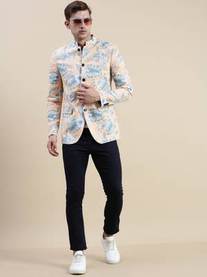 SHOWOFF Men's Printed Mandarin Collar Coral Bandhgala Blazer 5