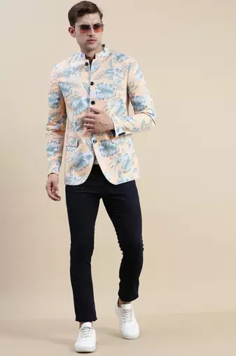 SHOWOFF Men's Printed Mandarin Collar Coral Bandhgala Blazer