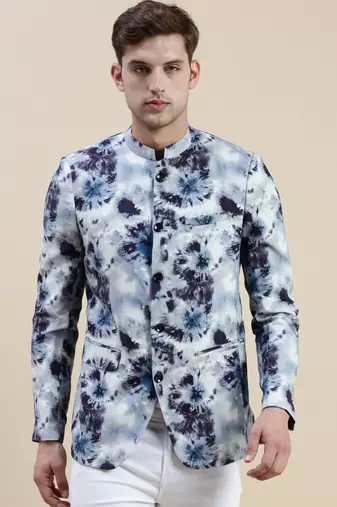 men's printed mandarin collar blue bandhgala blazer