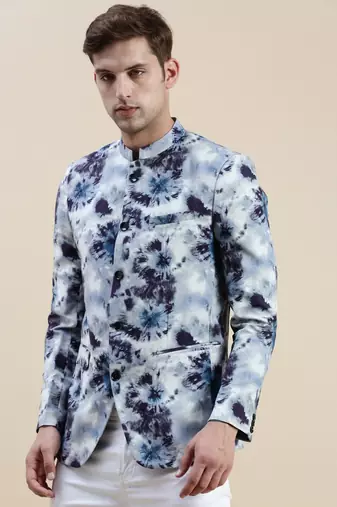 men's printed mandarin collar blue bandhgala blazer
