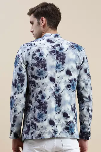 men's printed mandarin collar blue bandhgala blazer