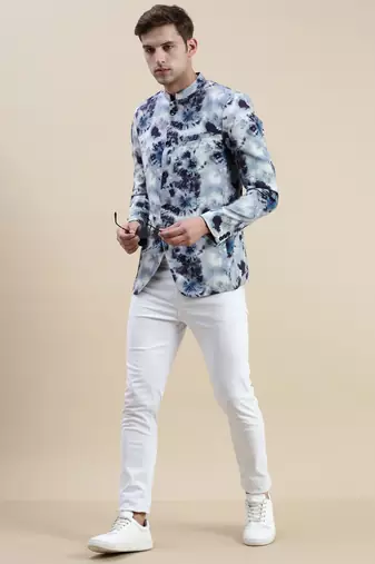 men's printed mandarin collar blue bandhgala blazer