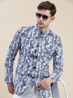 Men's Printed Mandarin Collar White Bandhgala Blazer 1