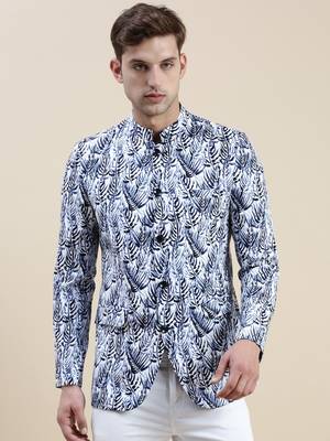 Men's Printed Mandarin Collar White Bandhgala Blazer 2