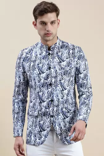 Men's Printed Mandarin Collar White Bandhgala Blazer