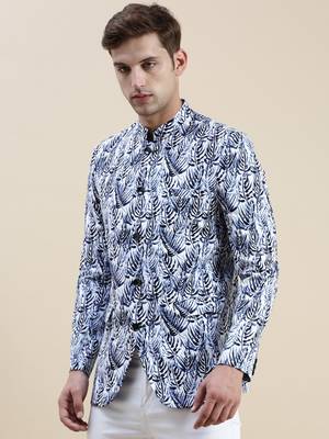 Men's Printed Mandarin Collar White Bandhgala Blazer 3