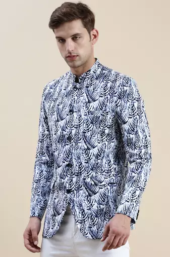 Men's Printed Mandarin Collar White Bandhgala Blazer