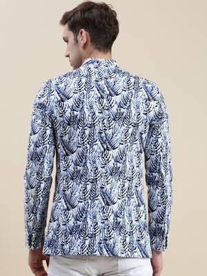 Men's Printed Mandarin Collar White Bandhgala Blazer 4