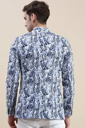 Men's Printed Mandarin Collar White Bandhgala Blazer