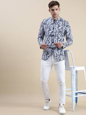 Men's Printed Mandarin Collar White Bandhgala Blazer 5