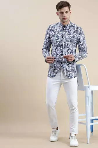 Men's Printed Mandarin Collar White Bandhgala Blazer