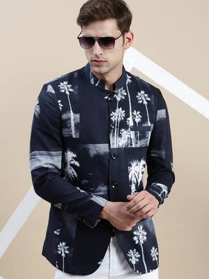 SHOWOFF Men's Printed Mandarin Collar Navy Blue Bandhgala Blazer 1