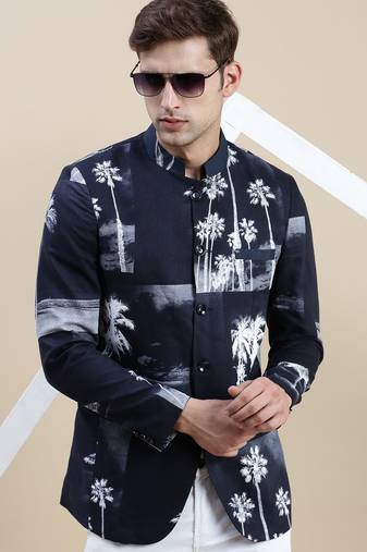 SHOWOFF Men's Printed Mandarin Collar Navy Blue Bandhgala Blazer