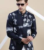 SHOWOFF Men's Printed Mandarin Collar Navy Blue Bandhgala Blazer