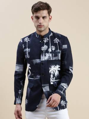 SHOWOFF Men's Printed Mandarin Collar Navy Blue Bandhgala Blazer 2