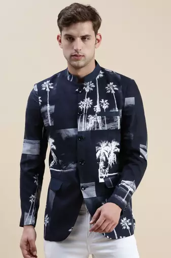 SHOWOFF Men's Printed Mandarin Collar Navy Blue Bandhgala Blazer