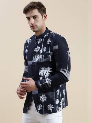 SHOWOFF Men's Printed Mandarin Collar Navy Blue Bandhgala Blazer 3