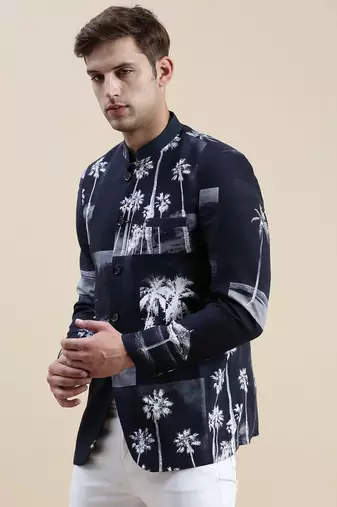 SHOWOFF Men's Printed Mandarin Collar Navy Blue Bandhgala Blazer