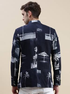 SHOWOFF Men's Printed Mandarin Collar Navy Blue Bandhgala Blazer 4