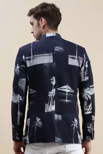 SHOWOFF Men's Printed Mandarin Collar Navy Blue Bandhgala Blazer