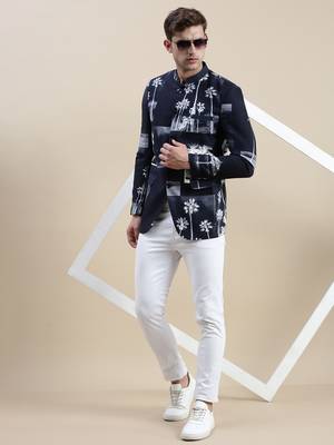 SHOWOFF Men's Printed Mandarin Collar Navy Blue Bandhgala Blazer 5