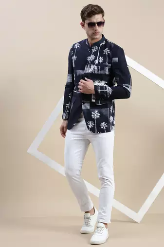SHOWOFF Men's Printed Mandarin Collar Navy Blue Bandhgala Blazer